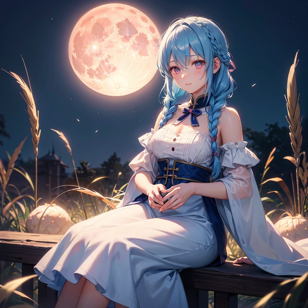 Sky blue hair, (Braided medium hair), (Pink eyes),Fair skin)  ,(whole body),(One Girl),(harvest moon),(A large amount of Miscanthus sinensis in the background),(full moon),(masterpiece, Highest quality, Very detailed, Best Shadow), (Detailed Background), (Beautifully detailed face), High Contrast, (Best lighting, Very delicate and beautiful), ((Cinematic Light)), Hyper Detail,8k, Dramatic Light, Intricate details,(sitting down to eat rice dumplings)