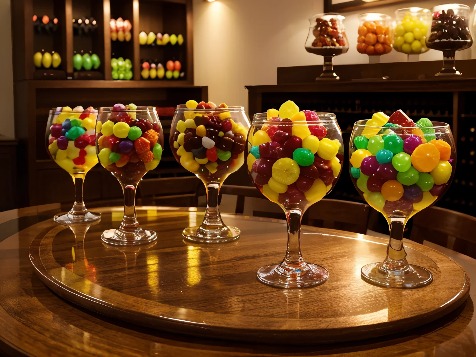 Create an image of a candy bar with various colorful candies in candy glass , The candies should be varied and bright, such as fruit gums and wine gums, The glass containers should be neatly lined up on table