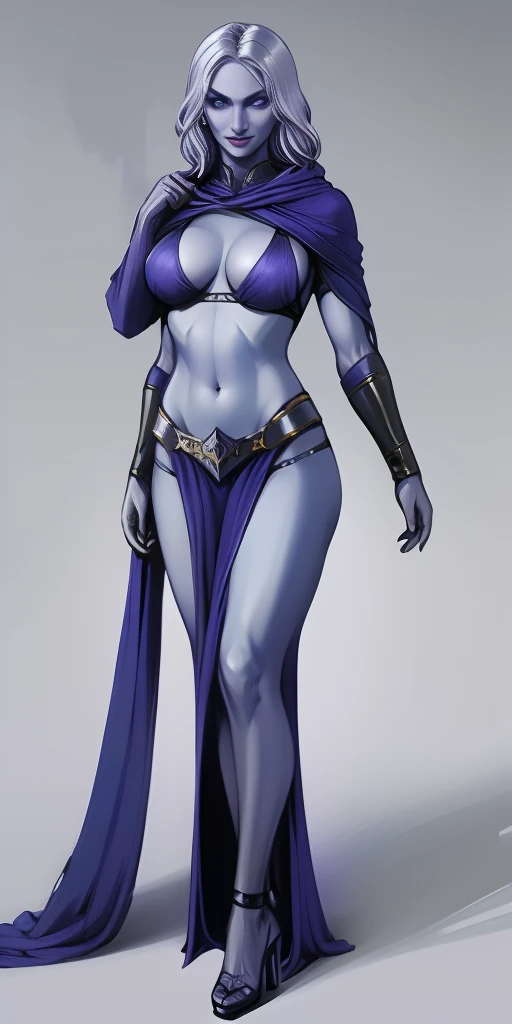 full body kneeling on high heels (Female drow slave bikini chest covered)(smile) Gray skin, pale golden hair and violet eyes. She prefer's clothing of white and silver with cloaks of deep blue or purple, grey background, huge_knockers, ((very precise detailed)) ((highres)