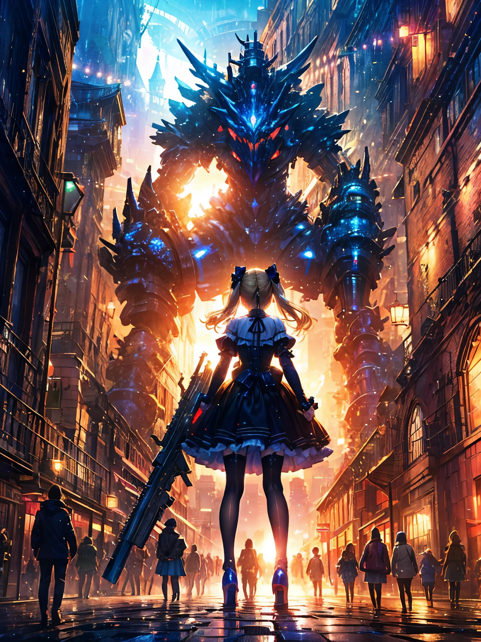 masterpiece,(bestquality),highlydetailed,ultra-detailed,1girl,(ta Girl:1.2golden,glowingeyes:Blue,elongatedears:0.8),(Futuristic design、Western Castle,weapon:biggun),(fantasylandscape:1.2,natural lighting:1.5,confidentexpression),mecha, Mechanical Dragon🐉(white Gothic Loliashion:1.5)(Hands and feet are mechanical parts)smile,angle,back boost unit,chrome,raw(Blonde twin tails:1.5)(Have a big gun:1.5)(Mechanical Dragon🐉:1.5)(white Lolita red long dress:1.6)(Wearing a neon trimmed Lolita dressg skirt:1.6)Glowing Lolita neon dresee-length skirt、big rifle