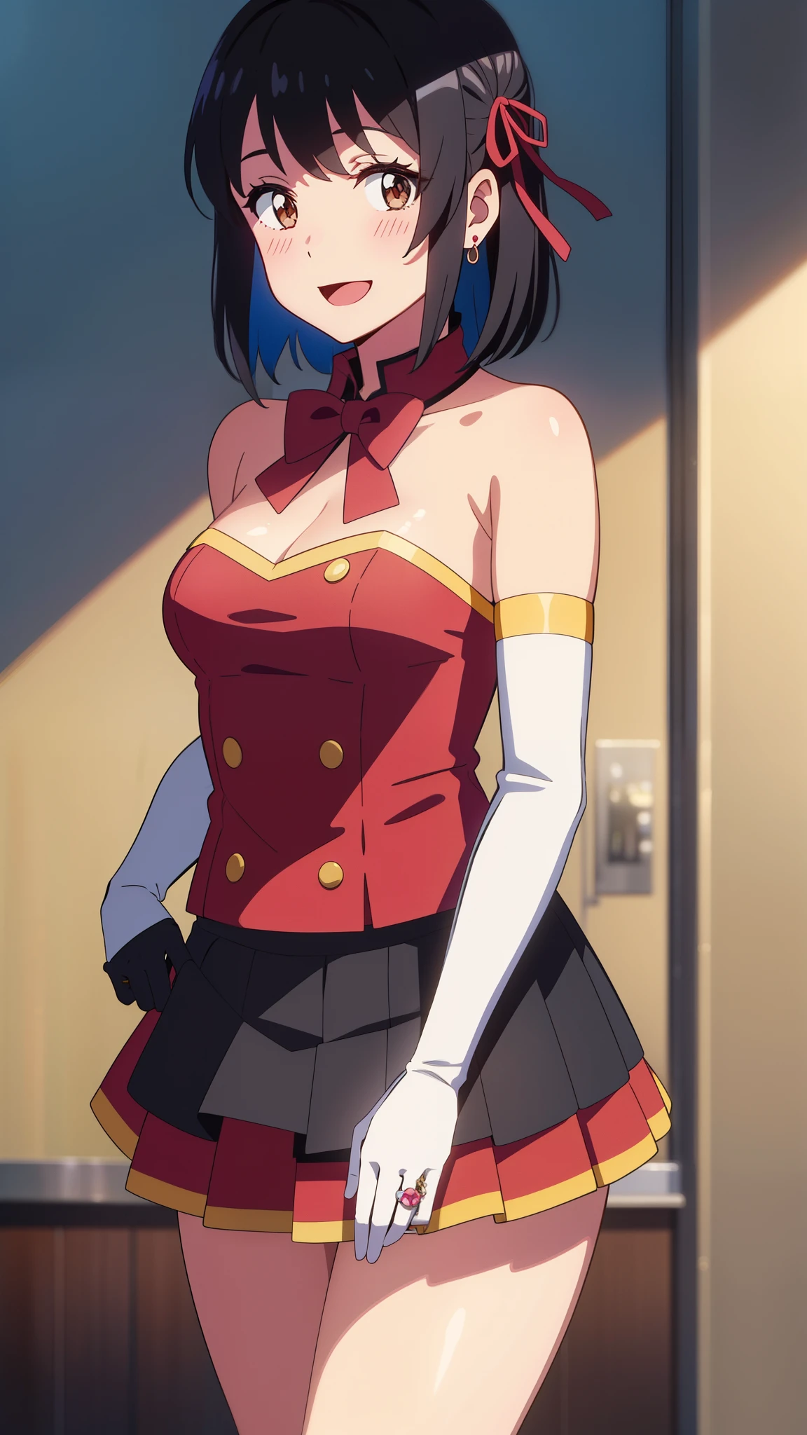 shinkai makoto, kimi no na wa., 1girl, bangs, black hair, blush, brown eyes, perfect face, looking at the viewer, cute outfits, detached collar, red ribbon, short hair, solo, shinny skin, smile, cute, open mouth, :D, (masterpiece), best quality, honestly, hair ornaments, ring, jewellery, ear rings, red bow, white gloves, elbow gloves, multicolored skirt, standing, smile, cowboy shot