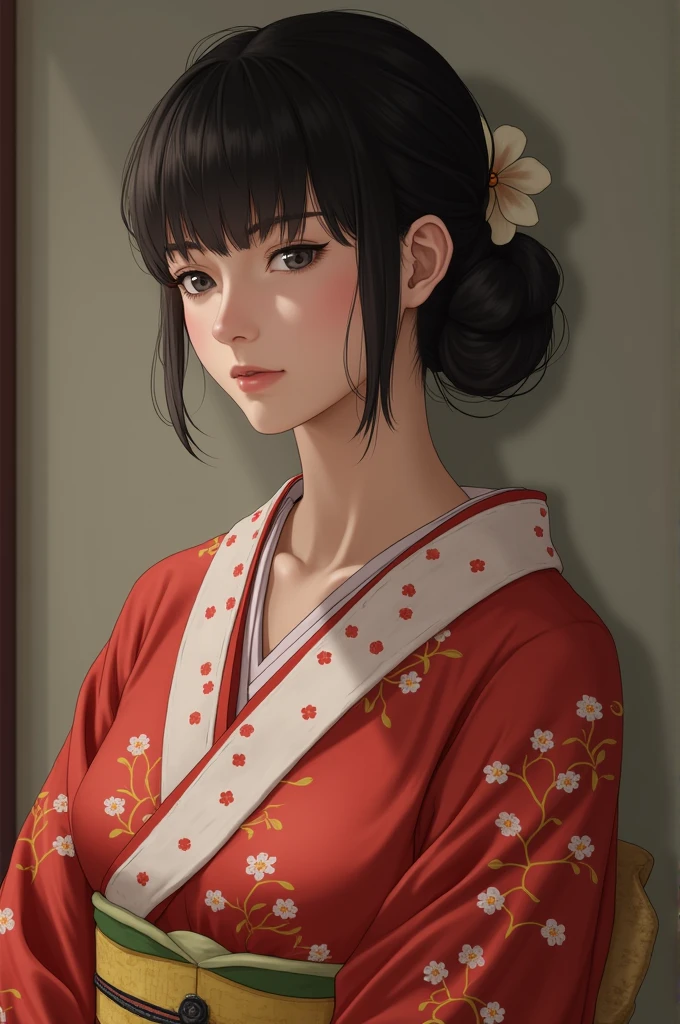 Hsin-sha-hsien, One girl, alone, kimono, Black Hair, kimono, View your viewers, red kimono, Floral print, Recall, Letterbox, bangs 