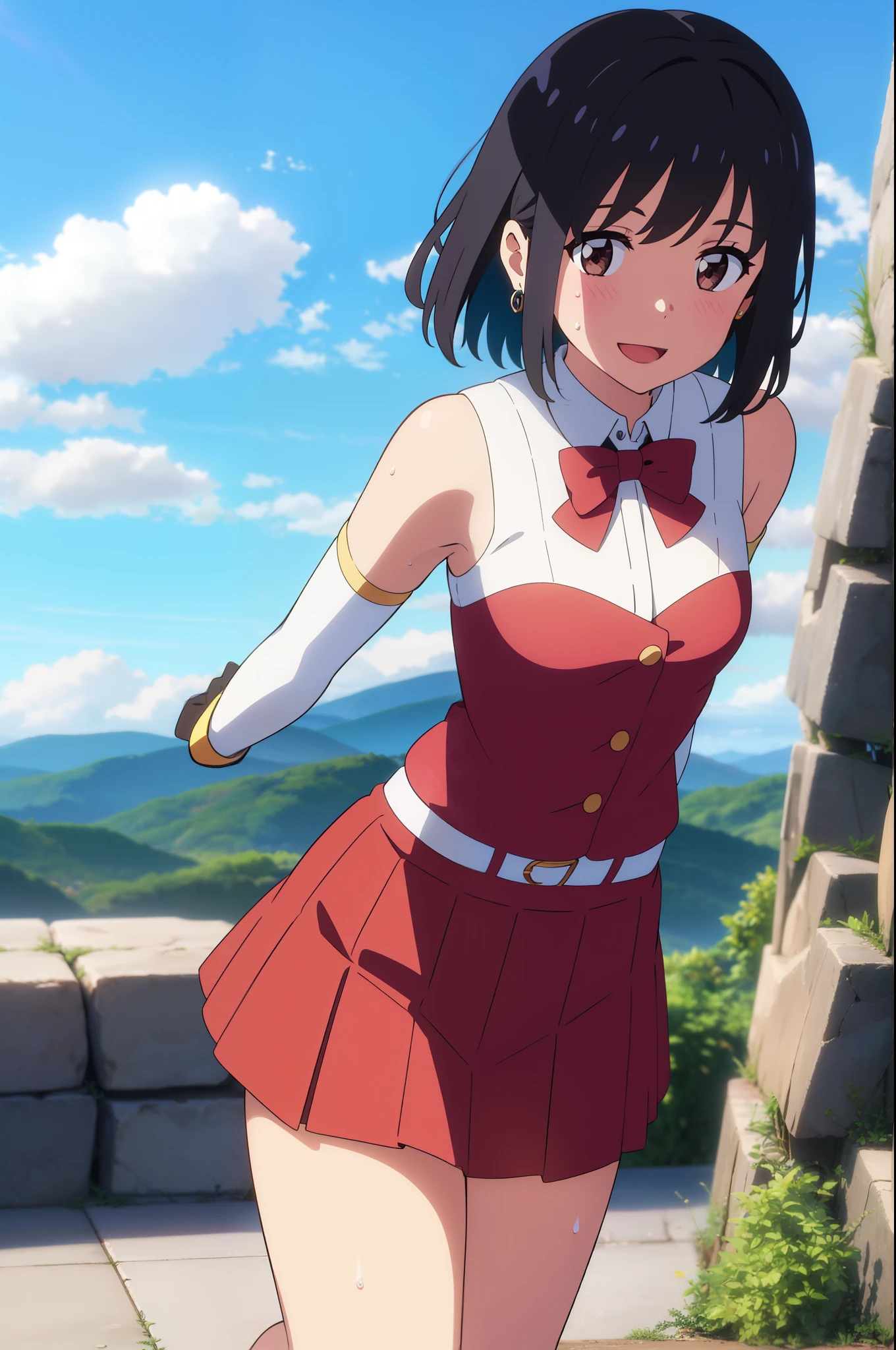 shinkai makoto, kimi no na wa., 1girl, bangs, black hair, blush, brown eyes, perfect face, looking at the viewer, cute outfits, detached collar, red ribbon, short hair, solo, shinny skin, smile, cute, open mouth, :D, honestly, ring, jewellery, ear rings, red bow, white gloves, elbow gloves, multicolored skirt, standing, smile, cloudy, blue sky, mountains, rocks, standing, sweat, (masterpiece), best quality