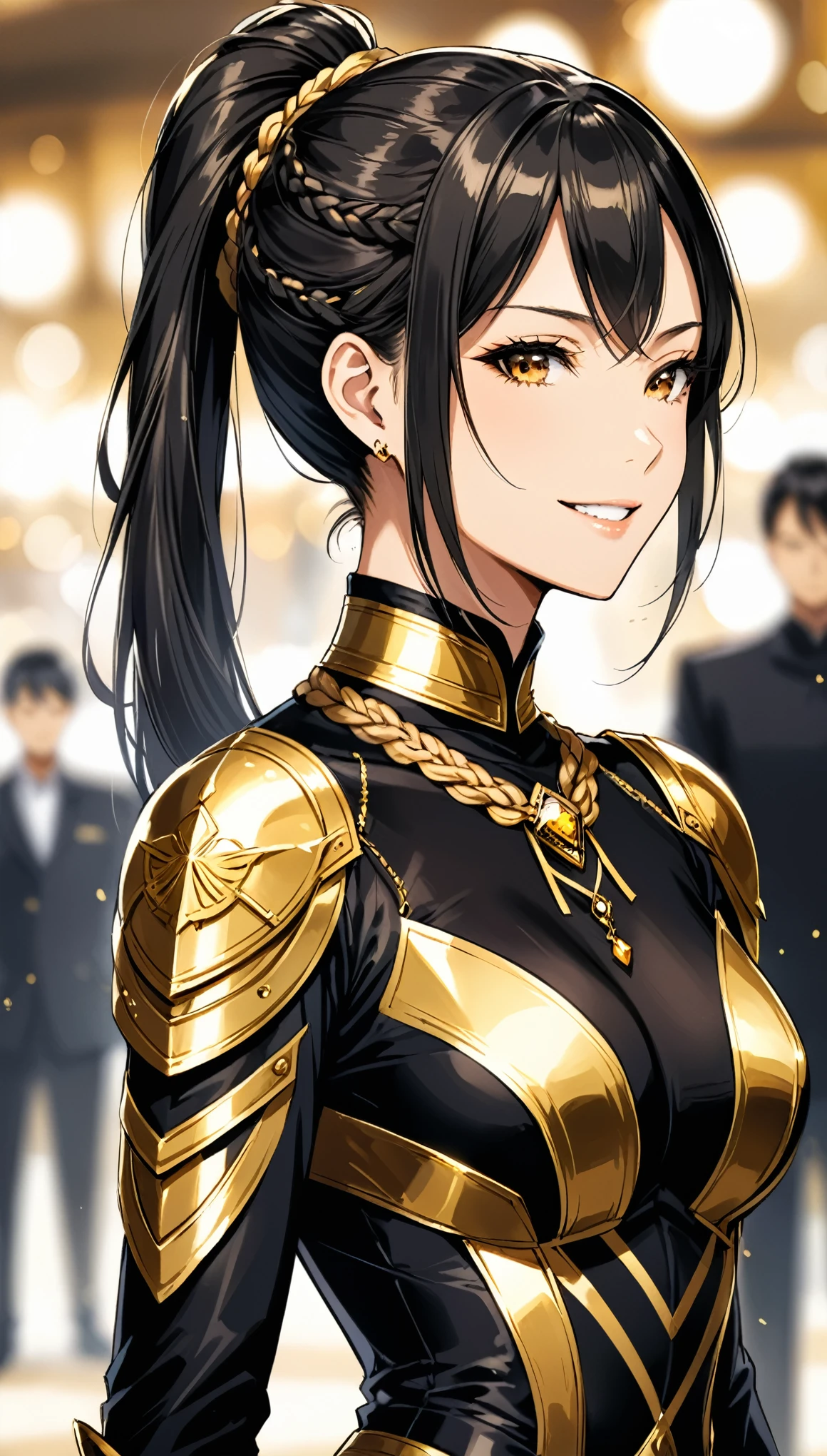 in style of Buichi Terasawa
character concept design,1girl,half body,high ponytail braid,(foreground blur, depth of field, background blur, dynamic blur:1.4),arrogant posture,crazy_smile,extreme kotona elegance,extremely gorgeous,black-gold costume
