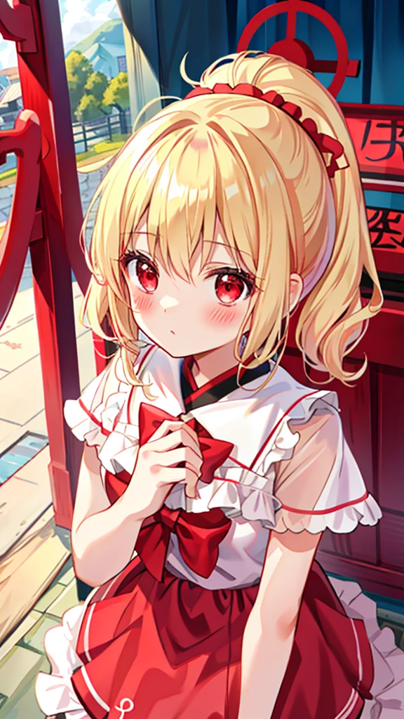 blush、Blonde、Hair is up、Red eyes、Beautiful girl alone、And soul、solo、、Red too、shrine