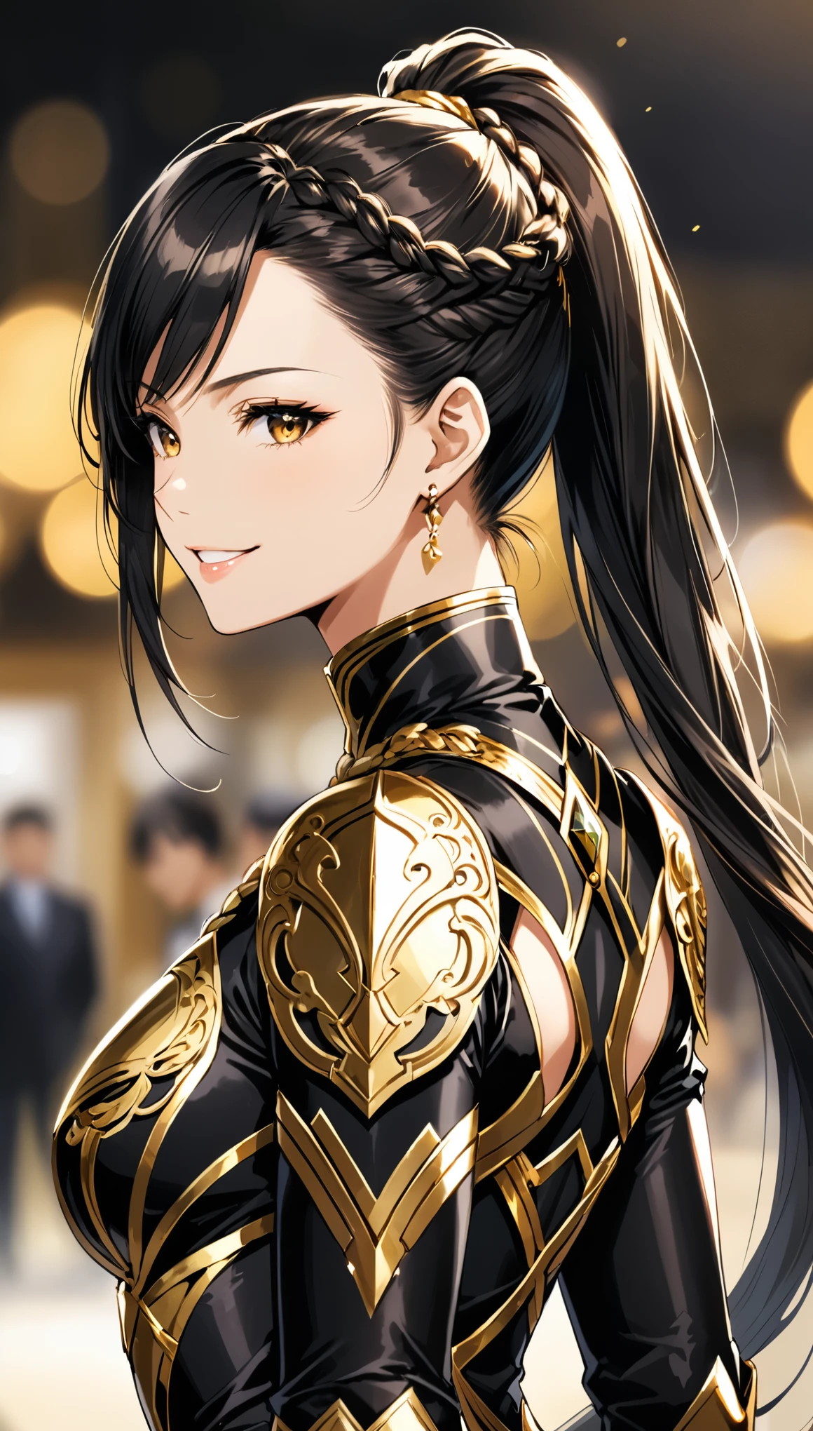 in style of Buichi Terasawa
character concept design,1girl,half body,high ponytail braid,(foreground blur, depth of field, background blur, dynamic blur:1.4),arrogant posture,crazy_smile,extreme kotona elegance,extremely gorgeous,black-gold costume