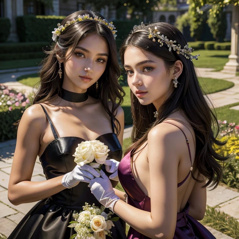 (masterpiece, best quality:1.5), highest quality, High resolution, super detailed, Realists, Upper body photo of an 18-year-old black-haired flower girl, detailed and beautiful eyes, beautiful detailed lips, very detailed eyes and face, longeyelashes, 18-year-old woman in a short dress made of shiny satin fabric, Beautiful and colorful makeup, elegant and noble々Pose,shiny satin headband, grind, Holding flowers, Gardens as background, soft daylight, bright colors, fine brushstrokes, Portrait style, Noble details in the dress fabric, beautiful color palette, glowing skin, First-class rendering, that captures every detail, enchanting atmosphere, subtle shadows and lights, (perfect anatomy:1.2), (The two stunning 18-year-old flower girls wear long gloves (magnificent panorama view:1.2)