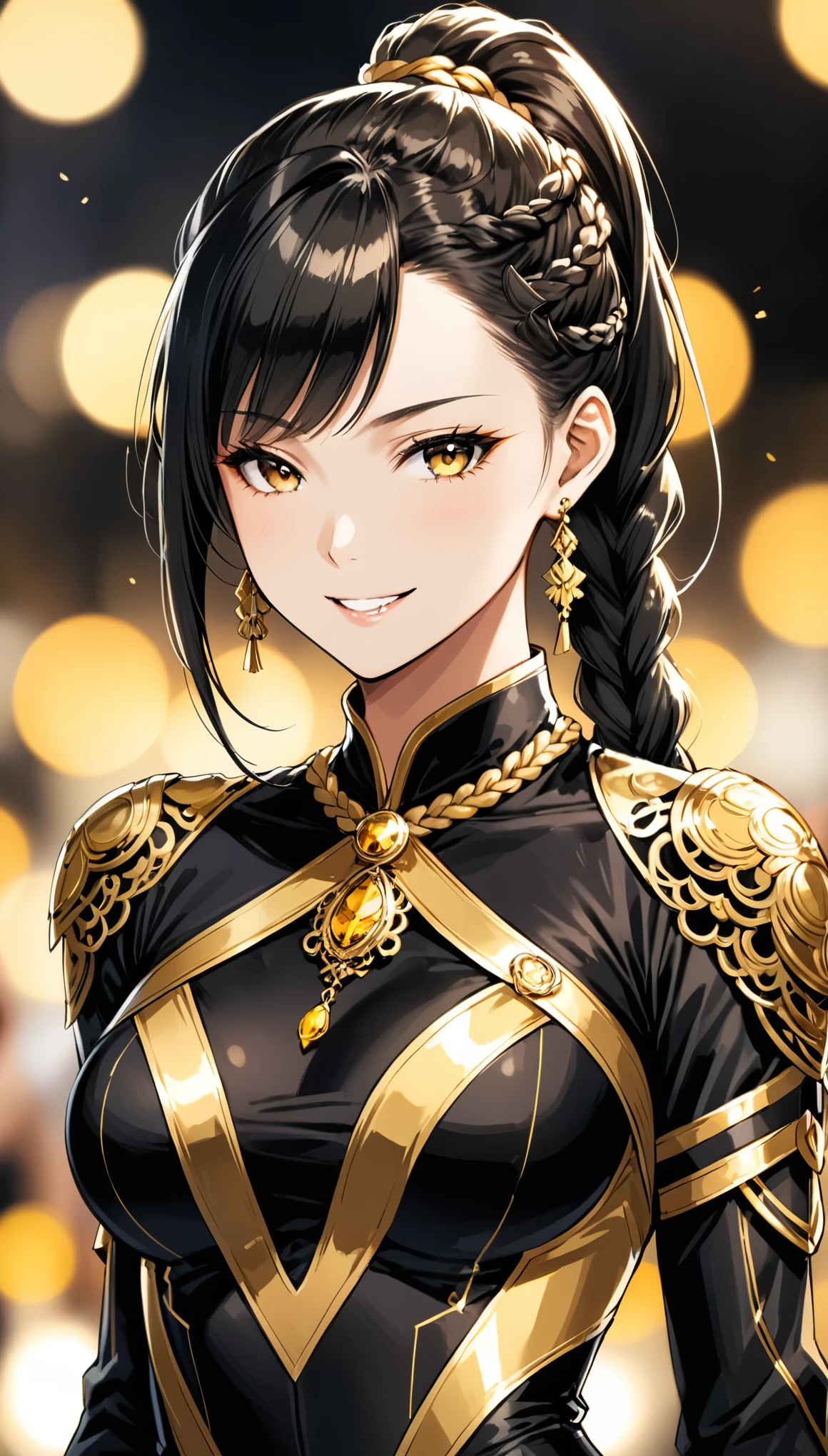 in style of Buichi Terasawa
character concept design,1girl,half body,high ponytail braid,(foreground blur, depth of field, background blur, dynamic blur:1.4),arrogant posture,crazy_smile,extreme kotona elegance,extremely gorgeous,black-gold costume