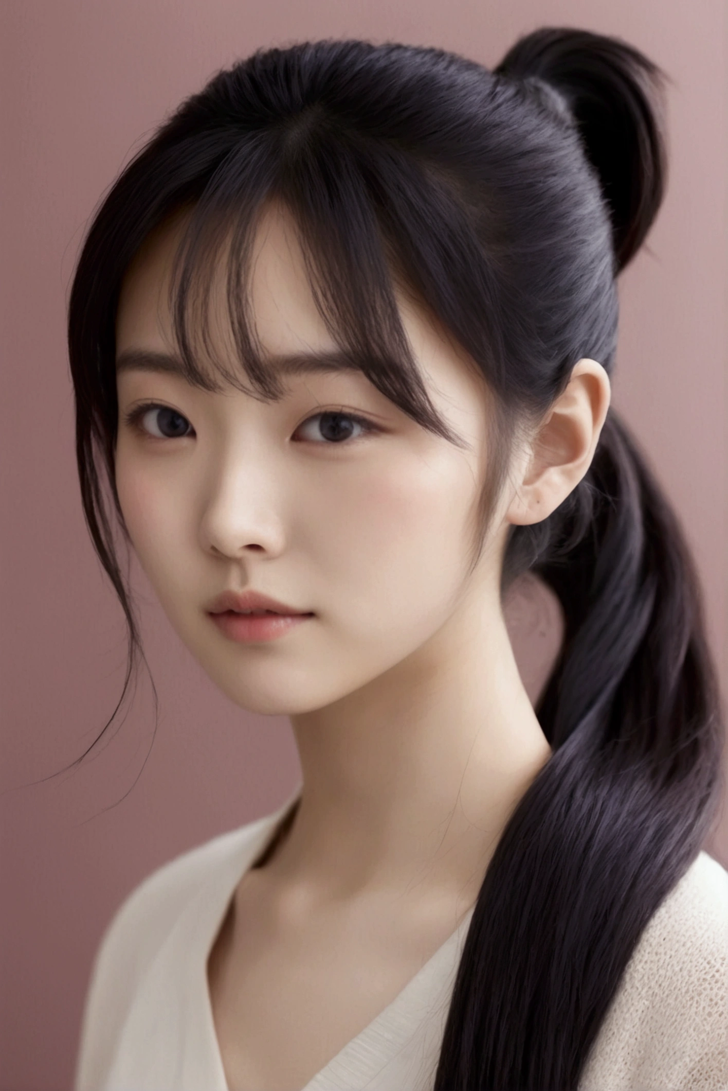I want an image of a 23-year-old Asian woman with a ponytail, beautiful face, small chest, and double eyelids.