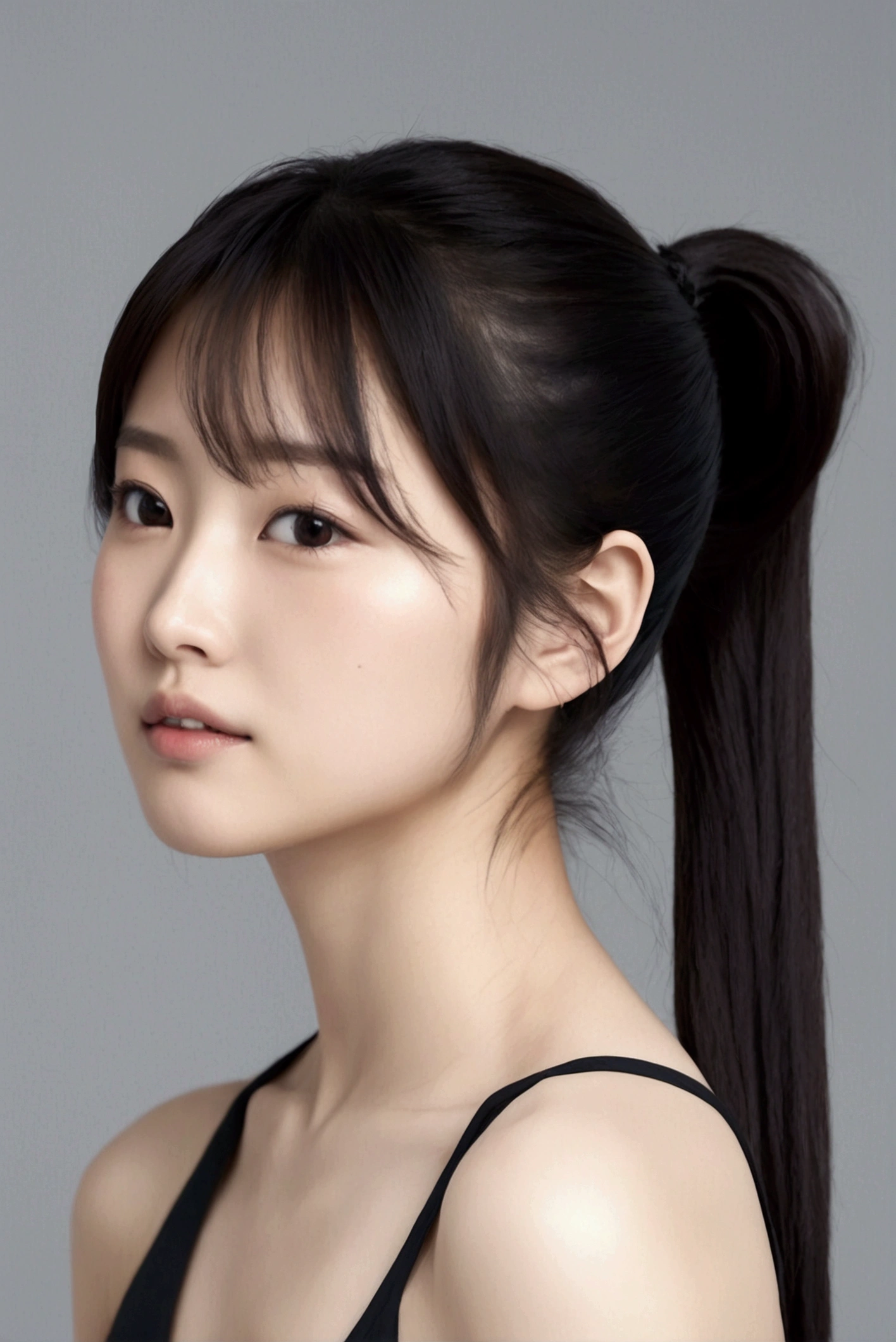 I want an image of a 23-year-old Asian woman with a ponytail, beautiful face, small chest, and double eyelids.