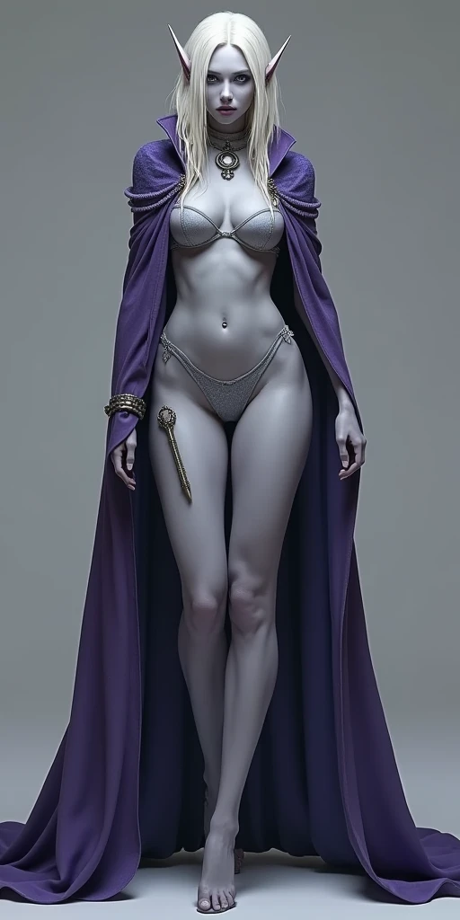 full body kneeling on high heels (Female drow slave bikini chest covered)(smile) Gray skin, pale golden hair and violet eyes. She prefer's clothing of white and silver with cloaks of deep blue or purple, grey background, huge_knockers, ((very precise detailed)) ((highres)