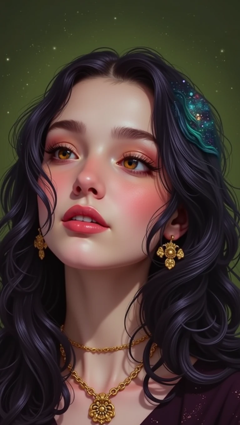 Close-up of a woman with colorfully hair and necklace, anime girl with cosmic hair, Rossdraws Gentle Vitality, works of art in Guvez style, fantasy art style, colorfully], vibrant fantasy style, Rossdraws cartoon full of vitality, universe and colorfully, Guweiz, colorfully digital fantasy art, stunning art style, cute anime style, Caucasian skin, Hulk clothes