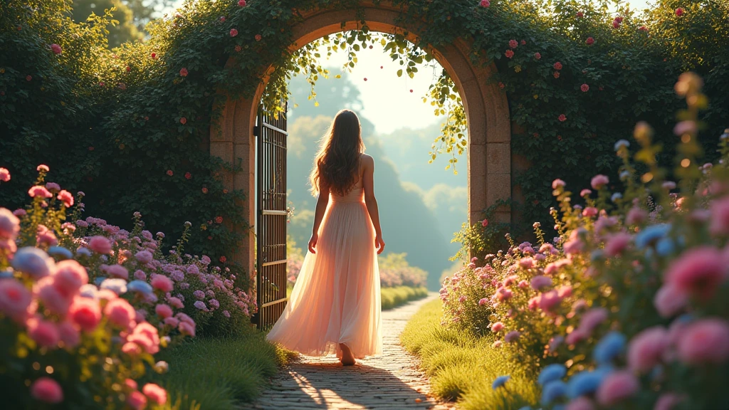 Scene 1: Arrival at the Garden Description:
Come on, with a light and fluid dress, walks slowly through an ancient gate covered in flowers. When opening the gate, she enters a stunning garden, bathed in a soft and magical light. The surrounding flowers glow in vibrant shades of pink, blue and gold, and a gentle breeze makes the leaves and petals dance to the rhythm of the music. A câmera foca no olhar de maravilha e alívio no rosto de Come on enquanto ela explora o novo mundo.