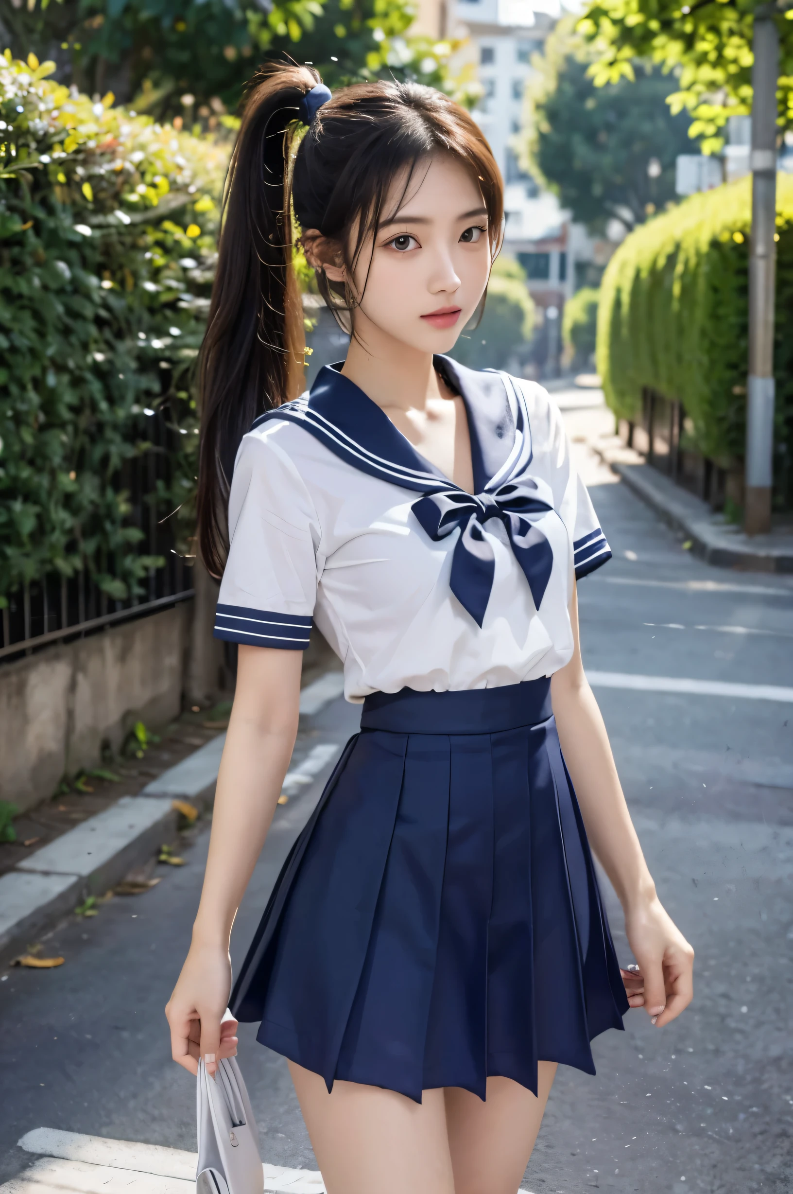 (Ultra HD), (Short-sleeved sailor uniform, Length:0.8, Navy blue mini skirt), Big Breasts, slender, Narrow waist, whole body, Standing posture, (Clean and shiny skin, Whitening, No makeup), (Super slim face, Super beautiful face), (ponytail, Layered Cut, Fluffy hair), (double eyelid, Slanted Eyes), Small Nose, Thin lips, Thin legs, In front of the school gate, evening