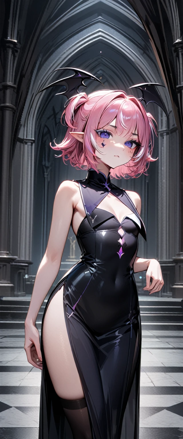 UHD, masterpiece, best quality, extremely detailed, anatomically correct, sharp focus, Midnight, Church , altar isle, 1girl, solo, camilavtuber, pink hair, short hair, shoulder length hair, black head wings, twin tail hair, purple eyes, facial mark, slim arms, small chest, single back wing, black jacket, ((long black gown)), black thighhighs, black high heels, full body shot, close up, innocent pose, Eye-Level Shot, front view, innocent pose