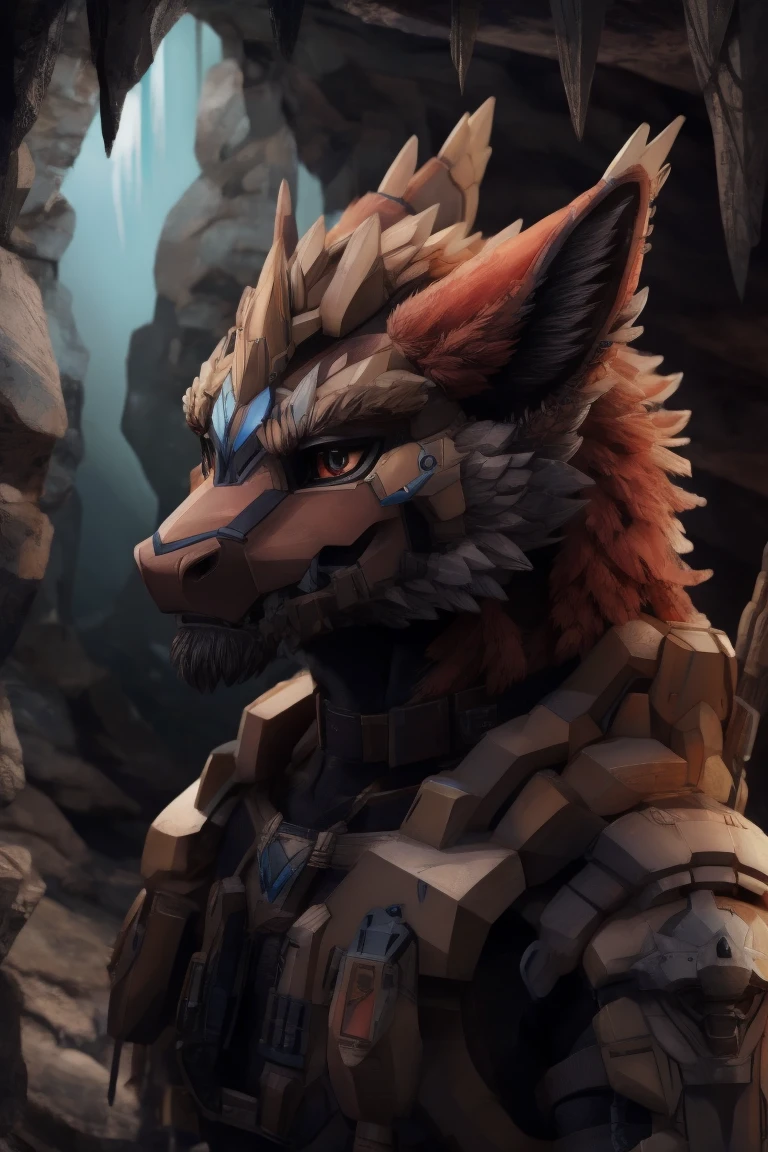 Black and Red Furred Dragon, wearing Exoskeleton, Cave, Headshot