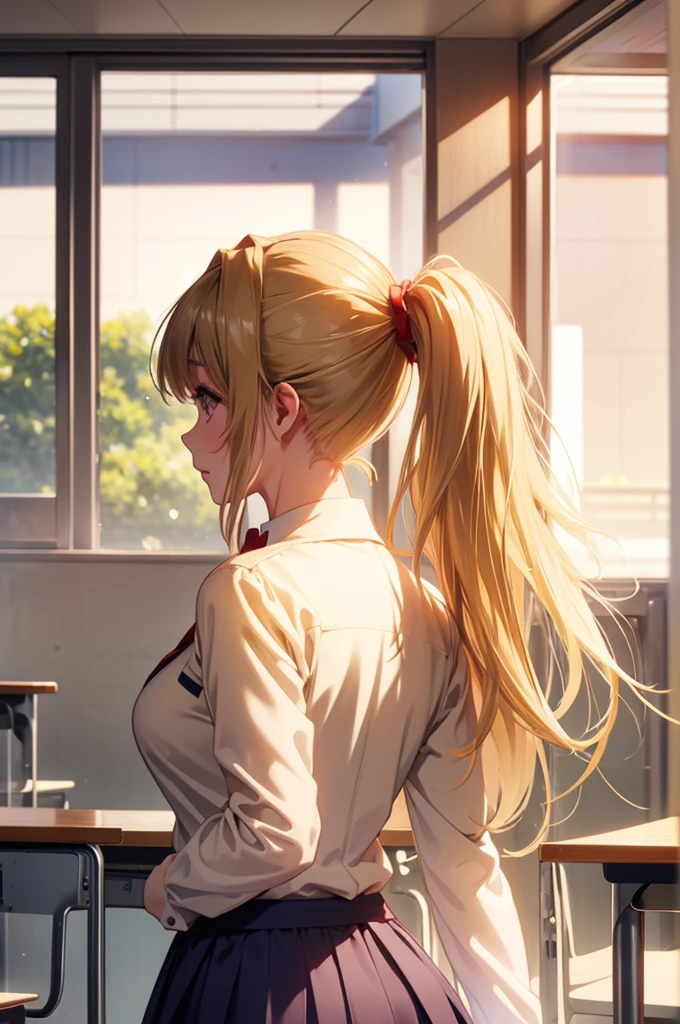 Kikyou kushida school outfit in the classroom (beige colored hair), tailed haired, red eyes colour