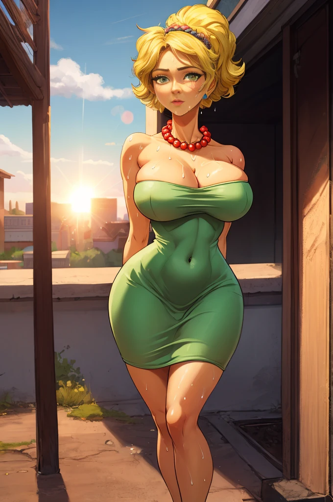 masterpiece, best quality, outdoors, lens flare, depth of field,  1girl, solo, looking at viewer, breasts, margesimpson, Green eyes,Voluminous blonde hair,deep necklace, pearl necklace, strapless dress, mini green dress, cowboy shot, wide hips, navel, sweat on breasts, Full body, High heels.