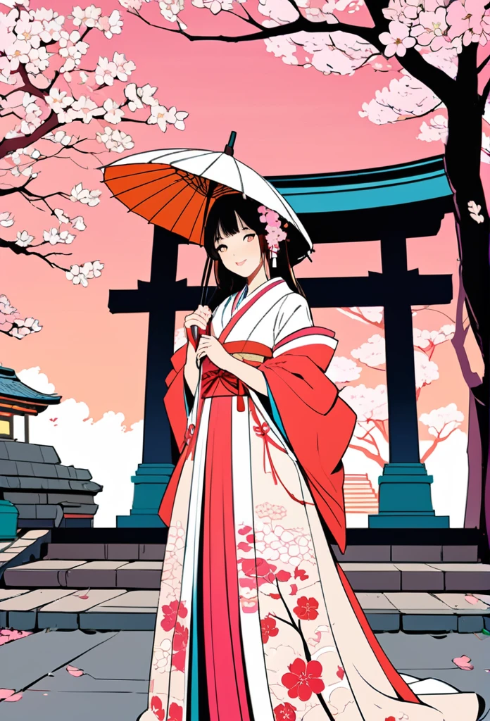 Masterpiece, Best Quality, Illustration, 1 Girl, The Sakura Maiden,Cherry Blossoms, Flat Colors, Line Art, Japanese Themes holding umbrella standing in front of shrine