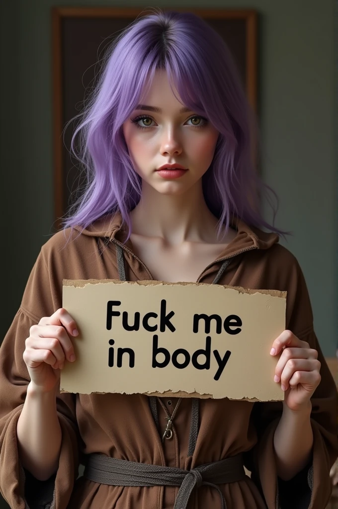 photorealistic Beautiful girl with purple hair in a torn brown tunic holds a sign with the inscription in her hands "Fuck me in body"