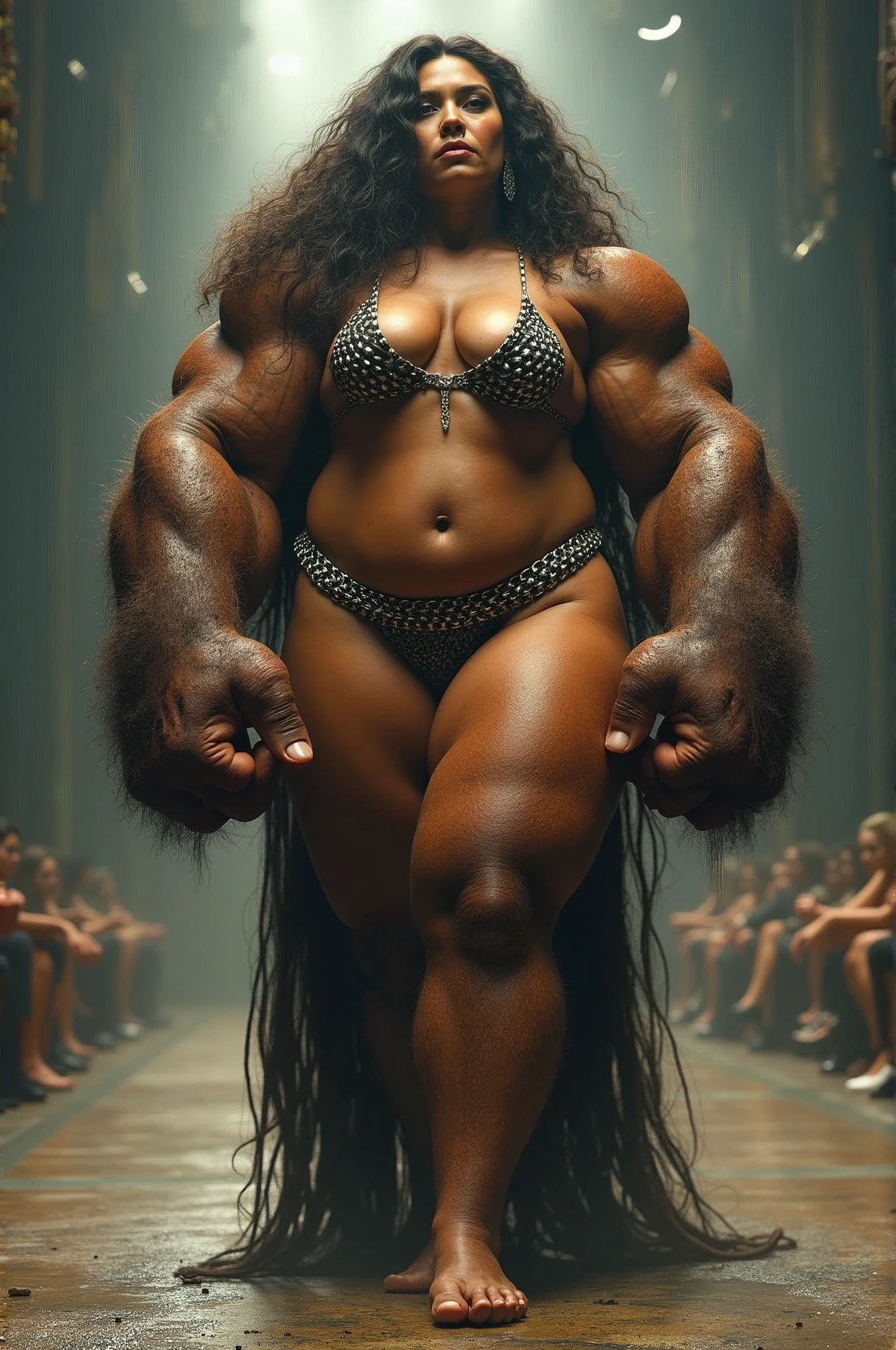 (powerful and huge giant hairy woman:1.2),(Vulgarity  actress:1.3),arafed woman in chain bikini posing in the runway show, a portrait inspired by Ryan Barger, tumblr, dada,  bodybuilder superhero  bikini, feminine and muscular, muscular girl, massive muscles, muscular, shredded, muscular ultraviolent woman, powerful and huge, giant stunning goddess shot, huge muscles, very beautiful. big muscles