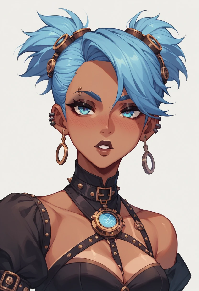 A character from the serie arcane. Light blue hair tied in a orne pigtail. Tan skin. Goth/steampunk style.