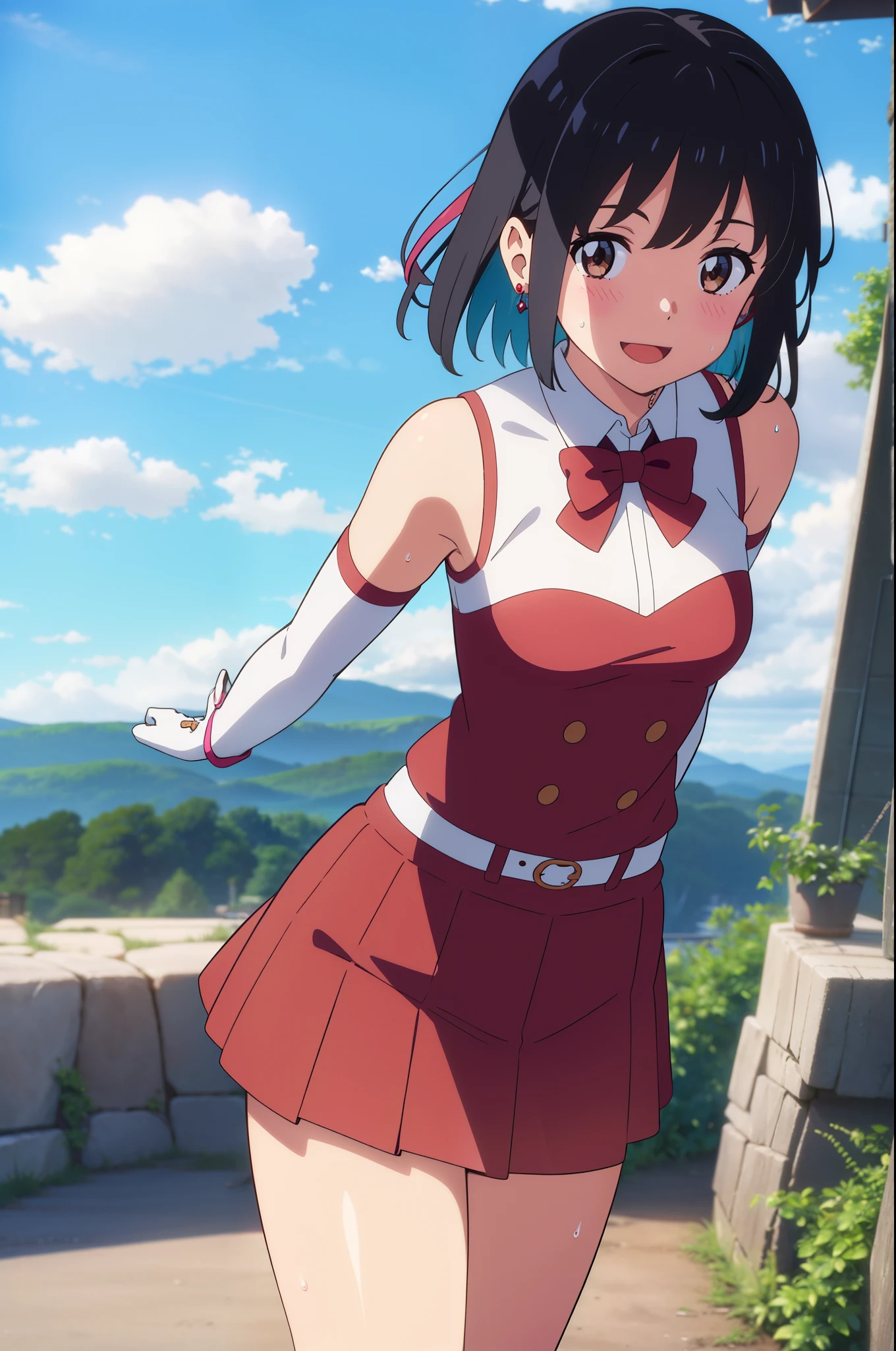 shinkai makoto, kimi no na wa., 1girl, bangs, black hair, blush, brown eyes, perfect face, looking at the viewer, cute outfits, detached collar, red ribbon, short hair, solo, shinny skin, smile, cute, open mouth, :D, honestly, ring, jewellery, ear rings, red bow, white gloves, elbow gloves, multicolored skirt, standing, smile, cloudy, blue sky, mountains, rocks, standing, sweat, (masterpiece), best quality