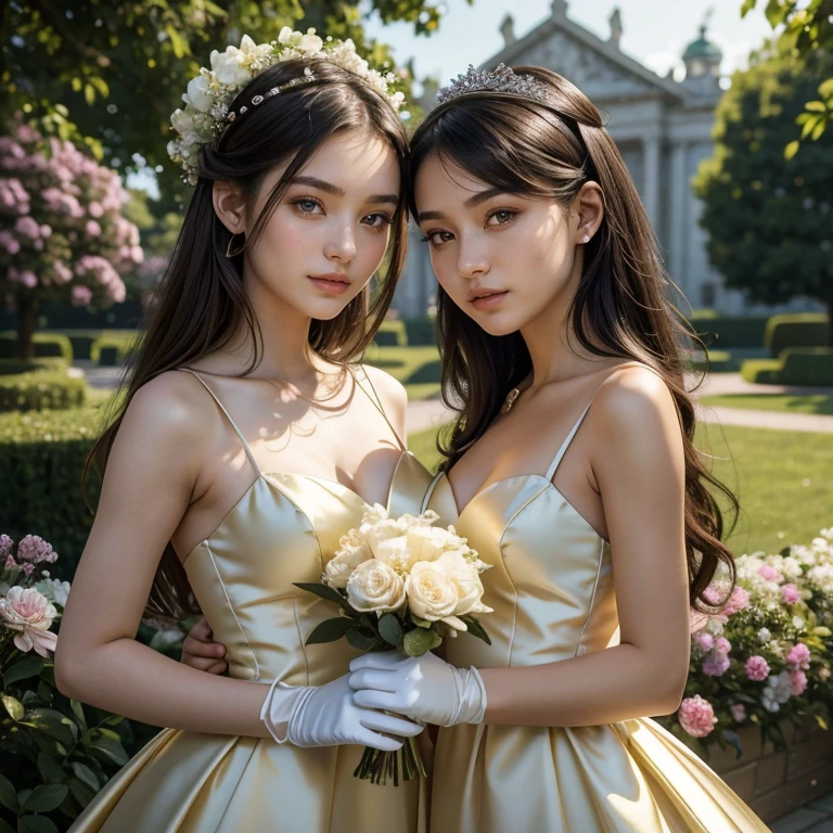 (masterpiece, best quality:1.5), highest quality, High resolution, super detailed, Realists, Upper body photo of an 18-year-old black-haired flower girl, detailed and beautiful eyes, beautiful detailed lips, very detailed eyes and face, longeyelashes, 18-year-old woman in a short dress made of shiny satin fabric, Beautiful and colorful makeup, elegant and noble々Pose,shiny satin headband, grind, Holding flowers, Gardens as background, soft daylight, bright colors, fine brushstrokes, Portrait style, Noble details in the dress fabric, beautiful color palette, glowing skin, First-class rendering, that captures every detail, enchanting atmosphere, subtle shadows and lights, (perfect anatomy:1.2), (The two stunning 18-year-old flower girls wear arm-length gloves (magnificent panorama view:1.2)