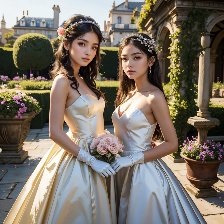 (masterpiece, best quality:1.5), highest quality, High resolution, super detailed, Realists, Upper body photo of an 18-year-old black-haired flower girl, detailed and beautiful eyes, beautiful detailed lips, very detailed eyes and face, longeyelashes, 18-year-old woman in a short dress made of shiny satin fabric, Beautiful and colorful makeup, elegant and noble々Pose,shiny satin headband, grind, Holding flowers, Gardens as background, soft daylight, bright colors, fine brushstrokes, Portrait style, Noble details in the dress fabric, beautiful color palette, glowing skin, First-class rendering, that captures every detail, enchanting atmosphere, subtle shadows and lights, (perfect anatomy:1.2), (The two stunning 18-year-old flower girls wear arm-length gloves (magnificent panorama view:1.2)