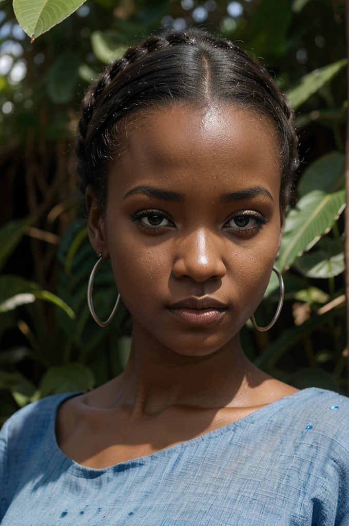 superbe fille africaine, cheveux bouclés, yeux bleus, hyper réaliste, chemise mouillée, dans la boue, plantureuse poitrine, ornement au cou, boucle d'oreilles, percing au nez, un court, la science-fiction