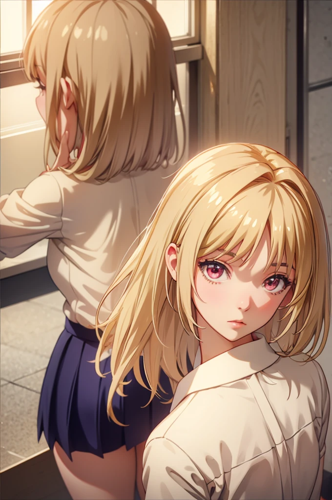 Kikyou kushida school outfit in the classroom (beige colored hair), tailed haired, red eyes colour
