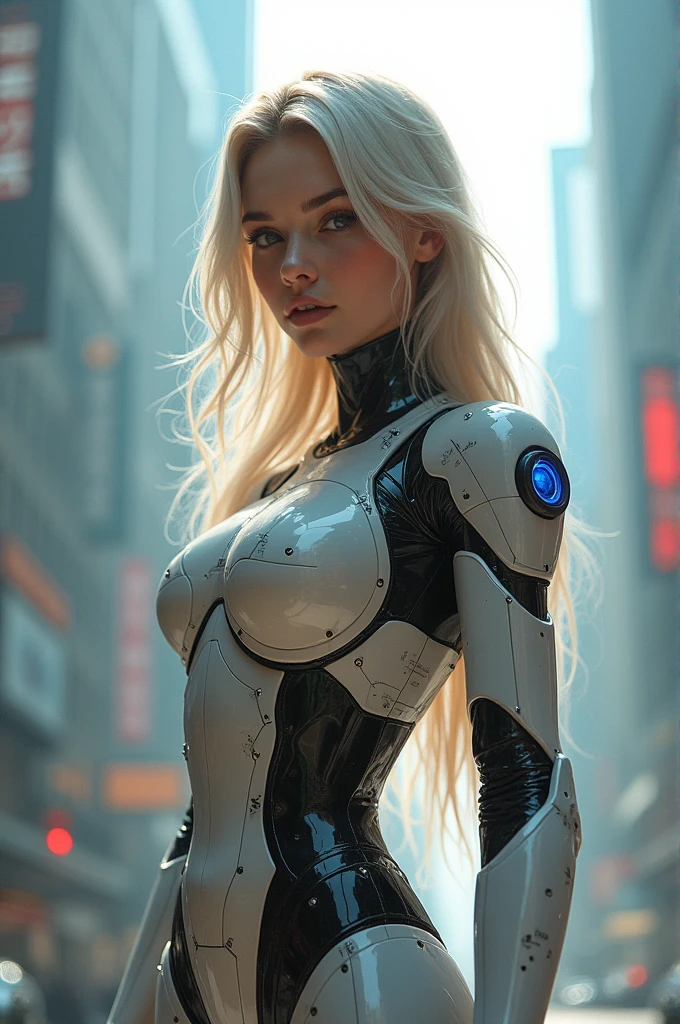 Woman in futuristic suit posing in city, cute Robot girl, Robot girl, beautiful boy, cyberpunk anime girl mecha, perfect robot woman, perfect anime robot woman, female robot, cyberpunk beauty young cyberpunk anime girl, girl in mecha network armor, cyberpunk robot, cyberpunk robot, Cyberpunk IC Elf Queen, bright sunlight, Fog