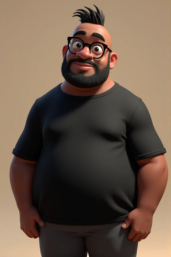 Cartoon character of a middle-aged black man with short hair pinned behind, wearing black glasses. Stylized character, animation style rendering, 3D stylized, Arnold Maya render, 3D stylized render, toon render Keyshot, 3D character, 3D stylized rendering, cartoon character, character close-up, character pose, Pixar style, high quality, cinematic lighting, sharp focus, detailed texture, detailed skin, clay, bokeh, 8K. The man should have the following characteristics: Middle-aged man with a large, slightly overweight build, hands casually relaxed. His skin tone is dark brown with a warm undertone. He has two prominent vertical wrinkles between his eyebrows. His beard has white hairs on the chin while the rest of the beard is black and gray. His hair is shaved on the sides and short on top, styled to the side. He wears modern black glasses. His eyebrows are thick and well-defined, and his eyes are brown, conveying warmth and friendliness. The man is dressed in an oversized black t-shirt and dark gray pants without a belt. Incorporate the following ancestry characteristics: 43% European (17% Iberian and 17% Western European, including Germany, France, and the Netherlands), 4% Sephardic Jewish, 3% Fennoscandian, less than 2% Balkan and Lapland and Volga-Ural, 41% from the Americas, 9% from the Middle East and Maghreb, and 7% from Africa.
Seed
2701275594