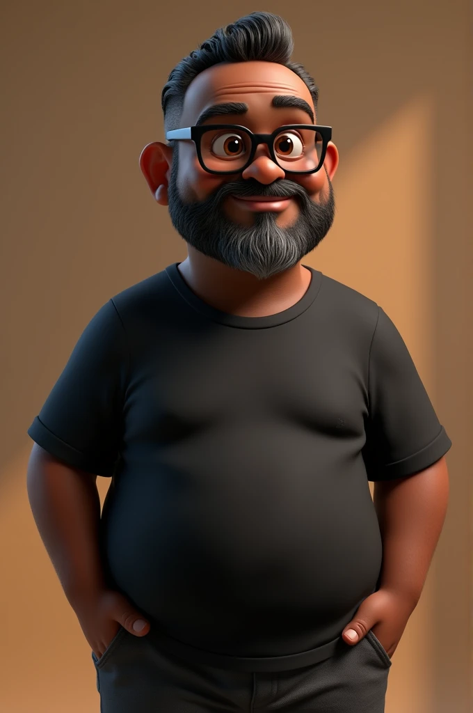 Cartoon character of a middle-aged black man with short hair pinned behind, wearing black glasses. Stylized character, animation style rendering, 3D stylized, Arnold Maya render, 3D stylized render, toon render Keyshot, 3D character, 3D stylized rendering, cartoon character, character close-up, character pose, Pixar style, high quality, cinematic lighting, sharp focus, detailed texture, detailed skin, clay, bokeh, 8K. The man should have the following characteristics: Middle-aged man with a large, slightly overweight build, hands casually relaxed. His skin tone is dark brown with a warm undertone. He has two prominent vertical wrinkles between his eyebrows. His beard has white hairs on the chin while the rest of the beard is black and gray. His hair is shaved on the sides and short on top, styled to the side. He wears modern black glasses. His eyebrows are thick and well-defined, and his eyes are brown, conveying warmth and friendliness. The man is dressed in an oversized black t-shirt and dark gray pants without a belt. Incorporate the following ancestry characteristics: 43% European (17% Iberian and 17% Western European, including Germany, France, and the Netherlands), 4% Sephardic Jewish, 3% Fennoscandian, less than 2% Balkan and Lapland and Volga-Ural, 41% from the Americas, 9% from the Middle East and Maghreb, and 7% from Africa.
Seed
2701275594