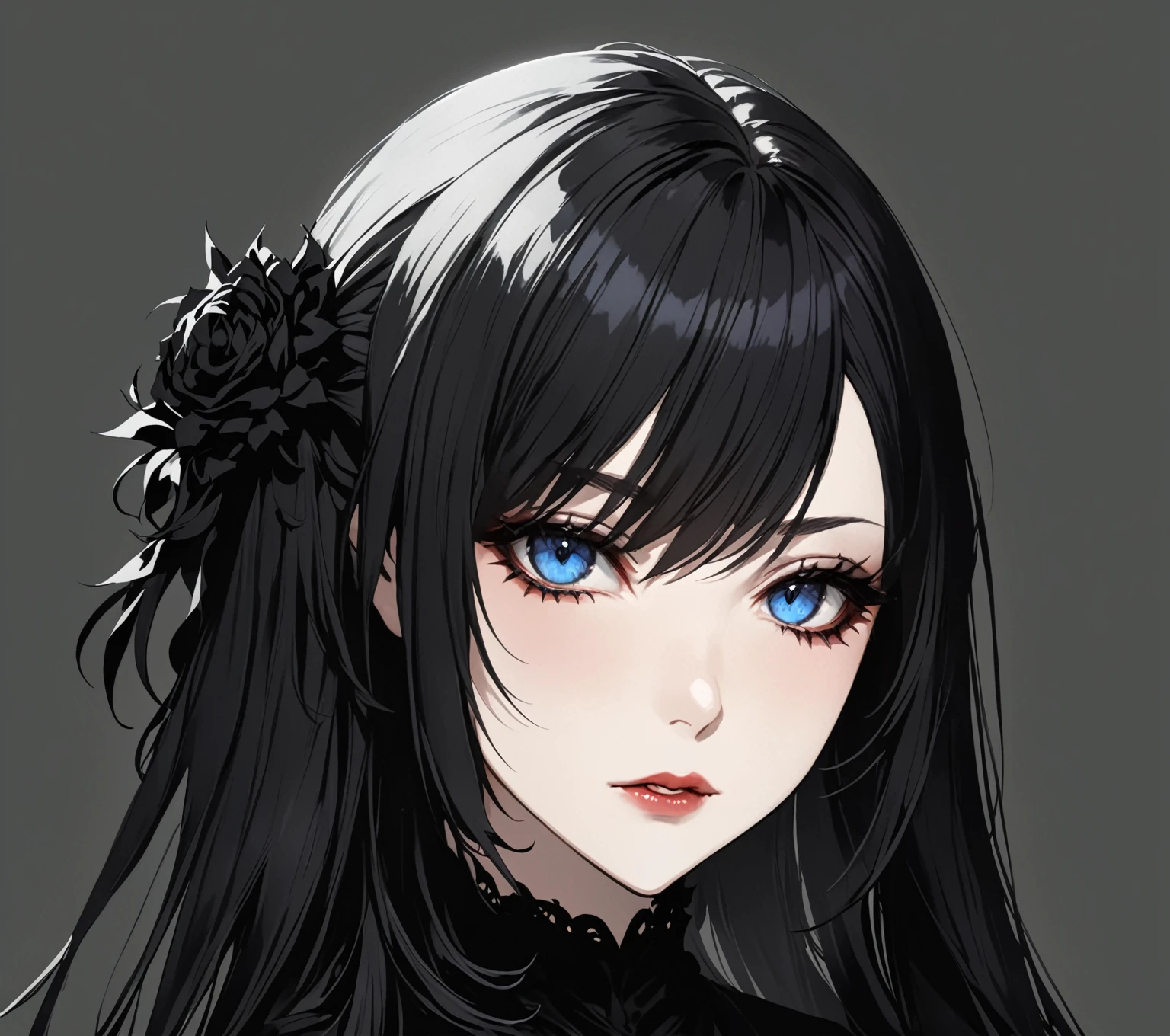 masterpiece, best quality, good quality, Highly detailed, shadowverse style, female, black hair, tidy hair, blue eyes, goth, adult