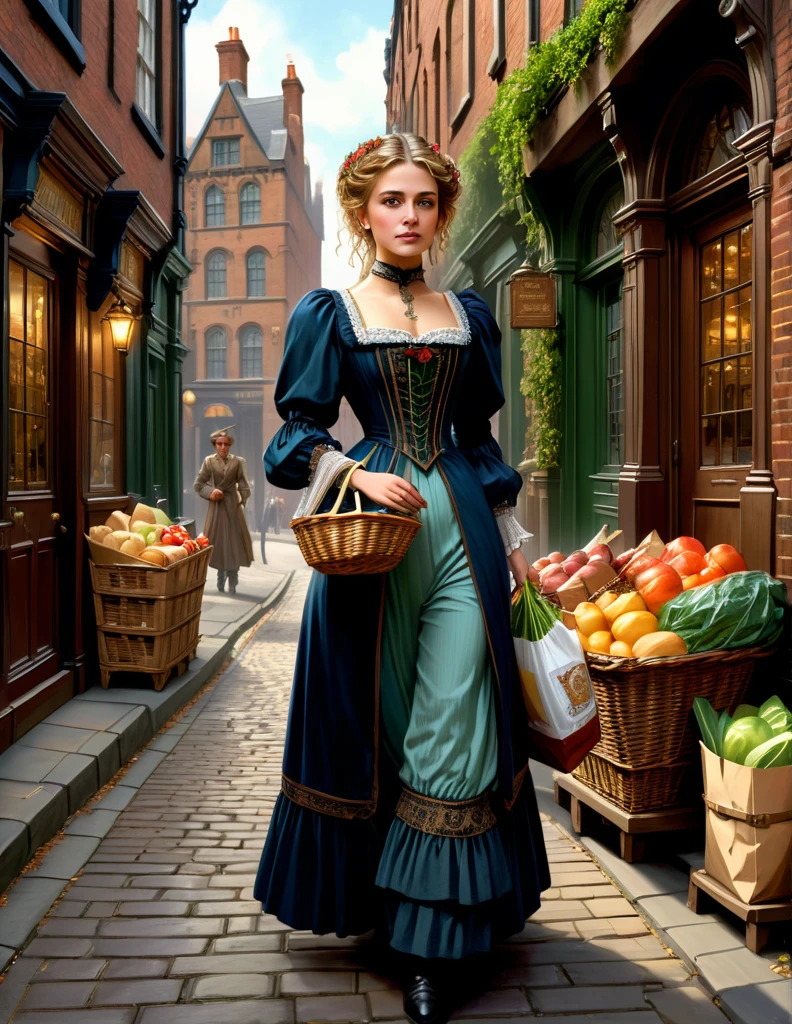 cinematic portrait of Maude Adams donning a Victorian dress walks at sub urban Victorian Manchester city sidewalk with handful of groceries, wears casual modest Victorian outfit, Medieval Building, Medieval Alley, sensuous smirk, intricate, frugal, highly detailed, intricate, digital painting, artstation, concept art, smooth, sharp focus, hyper photorealistic illustration, art by Don Lawrence and Frank Bellamy and alphonse mucha, 32k,