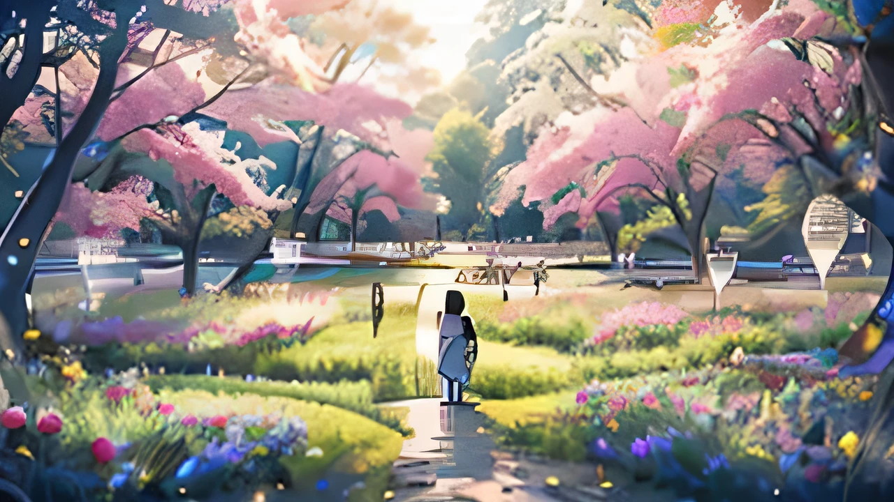 A couple standing facing each other and embracing each other in the middle of nature, a grassland with a flower field, no buildings, a forest of many cherry trees, the light source is sunlight from directly above, making the whole screen bright