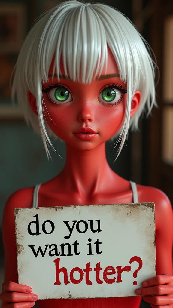 Photorealistic adult girl with pure red skin, with green eyes and short white hair, holding a sign with the inscription "do you want it hotter?"