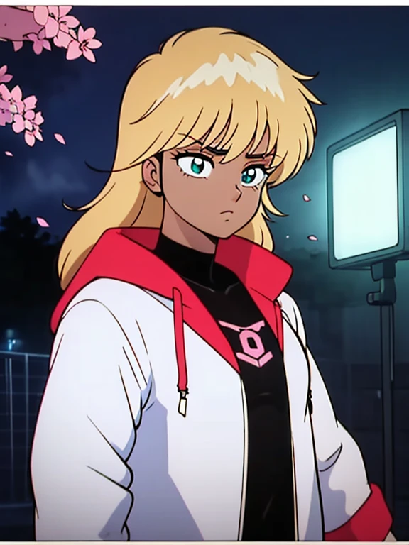 One girl, Blonde,  cin_ear, animal_ear, 一人in, dark_skin, Sunburn_skin, Foggy Neon Futuristic,  Summer jackets, Cherry blossoms fall, Portrait Style, Looking_in_Audience, cineminic lighting,  eyeliner, compensate, Emotional,  Very detailed, Wide Shot, Sharp focus,    Ring Light, Rim Light, ocSunburne render, Ring Light, Rim Light, Nbinkupunk, Samdos Arts