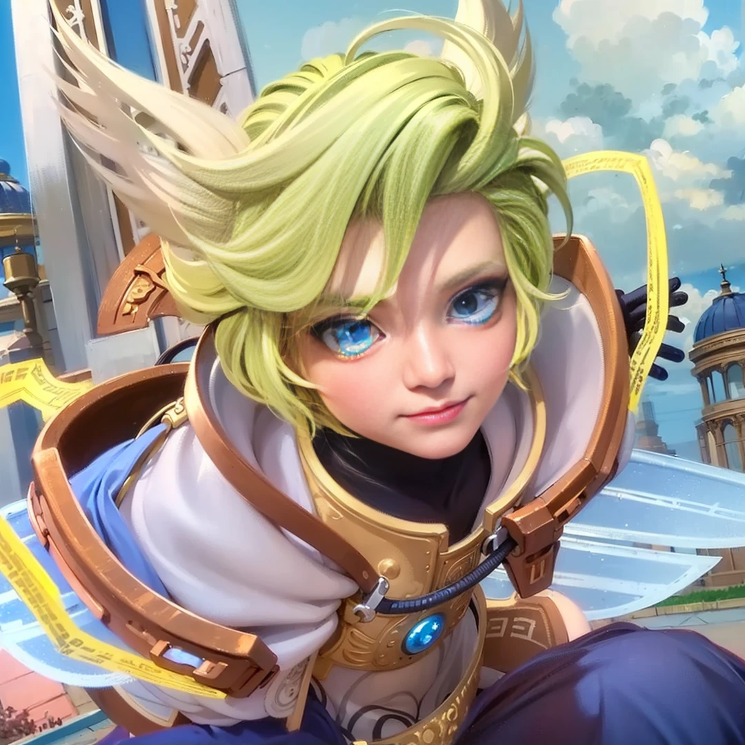man kids , ((perfect eyes)) best quality, (semirealism:1.9), beautiful lighting, (extremely detailed CG unity 4k fhd wallpaper), High Detail, Sharp focus, dramatic outdoors ,30 years old, yellow short hair, black white eyes.