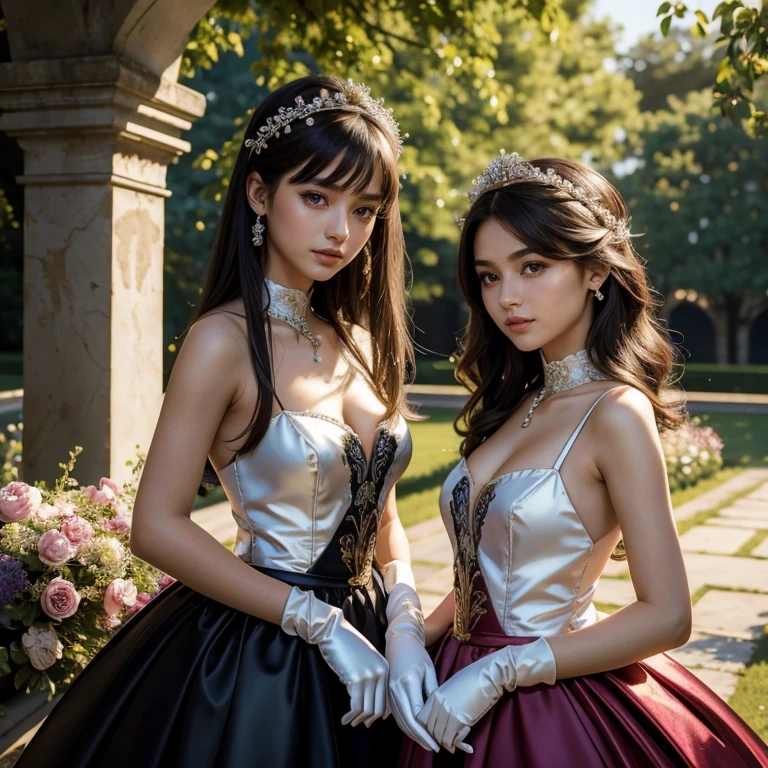 (​masterpiece, best quality:1.5), highest quality, High resolution, super detailed, Realists, Upper body photo of an 18-year-old black-haired flower girl, detailed and beautiful eyes, beautiful detailed lips, very detailed eyes and face, longeyelashes, 18-year-old woman in a short dress made of shiny satin fabric, Beautiful and colorful makeup, elegant and noble々Pose,shiny satin headband, grind, Holding flowers, Gardens as background, soft daylight, bright colors, fine brushstrokes, Portrait style, Noble details in the dress fabric, beautiful color palette, glowing skin, First-class rendering, that captures every detail, enchanting atmosphere, subtle shadows and lights, (perfect anatomy:1.2), (The two stunning 18-year-old flower girls wear arm-length gloves up to their shoulders (magnificent panorama view:1.2)