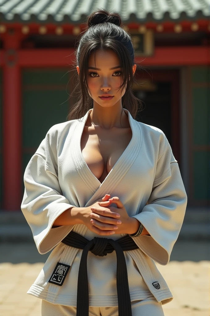 (action scene:1.2),((highest quality, 8K, masterpiece: 1.3)), sharp focus: 1.2, Beautiful woman with muscular body: 1.4, Arms are drooping, slim abdomen: 1.2, ((layered haircut, big: 1.2)), wet body: 1.1, Very detailed face and skin texture, fine eyes, double eyelid, sunburned skin, sunburned, sweaty skin, 1 girl, beautiful and perfect face, bob cut, intricate details, movie-like atmosphere, 8K, very detailed, (realistic, photorealistic: 1.37), Super detailed, highest quality, realistic, very delicate and beautiful, Raw photo, (((professional lighting)), face lighting, Depth of bounds written, single focus, (((Judo))), ((Black belt))、(((super big breasts：1.2))) 、(((cleavage)))、(((Protruding)))、Wear the official judo uniform), ((long sleeve)), ((wearing a t-shirt)), (muscular and healthy), small head, (((beautiful eyes)), real face, realistic face, real face, fine eyes, (fashionable hairstyle: 1.3), viewer, (cool japan women)), intellectual, sports, (smile: 1.15), (closed mouth), fine and beautiful eyes, (Japanese temple: 1.3), judo player, healthy body, (short hair: 1.2), short hair, black skin