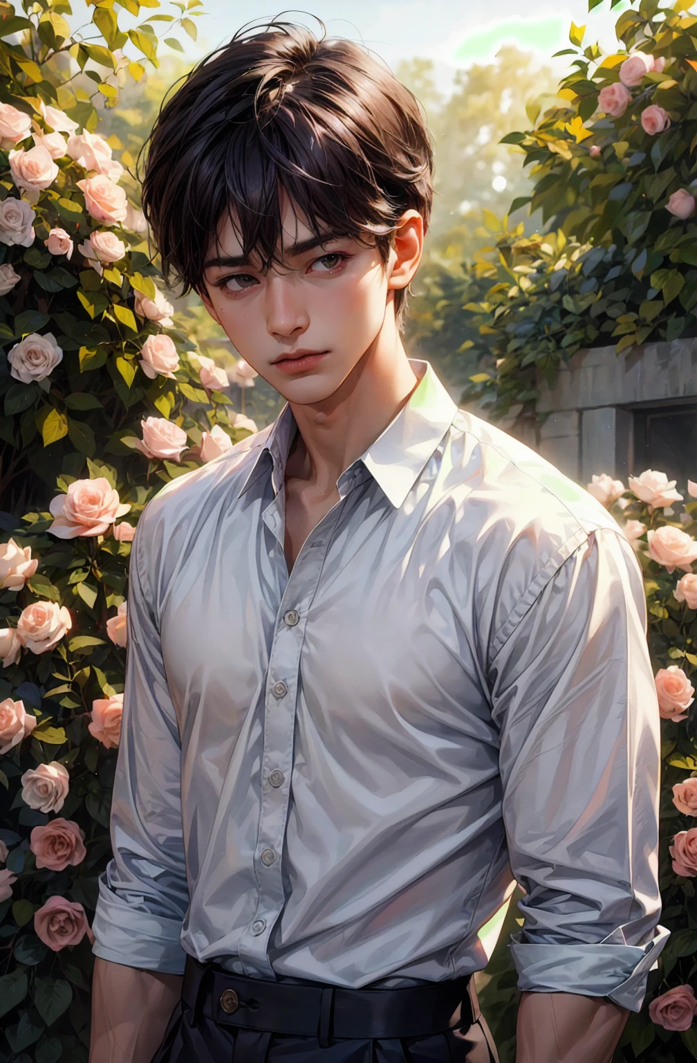 (Realism: 1.4), Best Quality, Masterpiece, Male, Thin, (1man, solo, white loose shirt, black pants,looking at viewer, brown hair, gray eyes, closed mouth, upper body), (rose garden background, spring, glowing sunlight), ( idol face, korean face , sharp eyeline) (male), ( face focus, potrait, cinematic lightning, ),( light spring theme , short hair male)