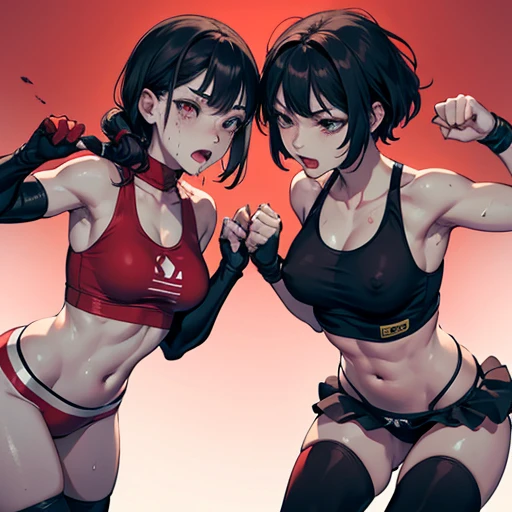 punch, punch, punch. survival dynamic exciting bloody battle in the octagon ring whole body picture. two bloody beautiful Japanese female fighters are looking at each eyes. they are beating each other so hard. They are banging their punches against their opponents. Blood is dripping from their nose. they are covered in scars and bruises. they are damaged terribry. Short-cut black hair, out of breath, drooling from mouth, one eye closed, exhausted, drenched in sweat. Erect nipples. open finger glove. sports-bra, high-leg panty. Stockings. arm-covers. Excellent proportion body.