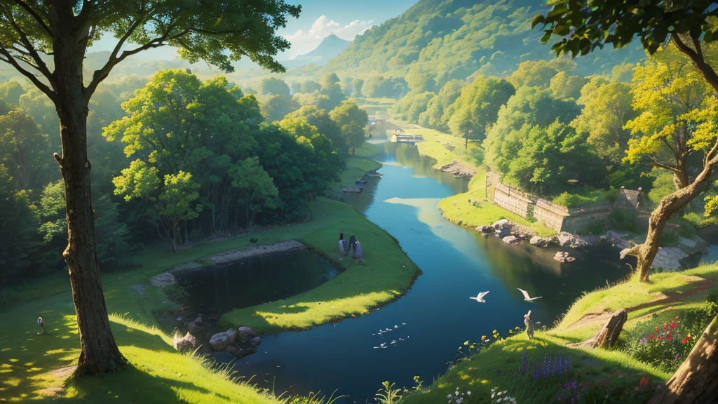 birds eye view of nature in the uk. The setting has a sunny and a bright atmosphere, with soft lighting casting a gentle glow on the surroundings. anime style