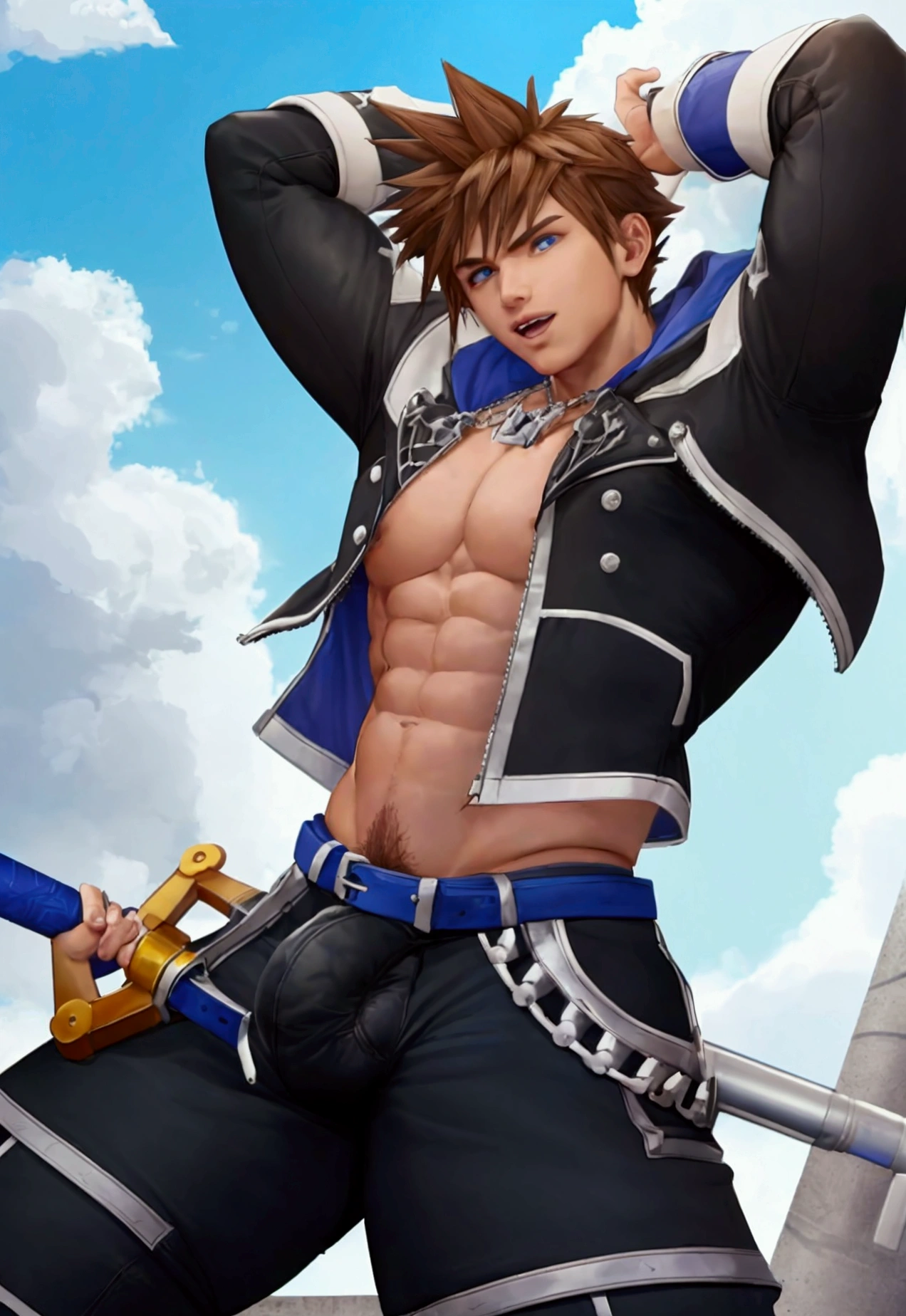 (masterpiece, Highest quality:1.2), Cowboy Shot, alone, Men&#39;s Center, One boy, sky \(Kingdom hearts\),Muscular body, Hall々A muscular body, Hall々A clean-cut appearance, Muscular arms, Muscular legs, only a main part, Trapezoidal fuselage, Rugged body, Muscular body, Round and fleshy pectoral muscles, Defined Abs, Defined Weapons, defined legs, Flex your muscles and laugh, View your viewers, Arms crossed, Hooded jacket, Huge penis popping out of shorts