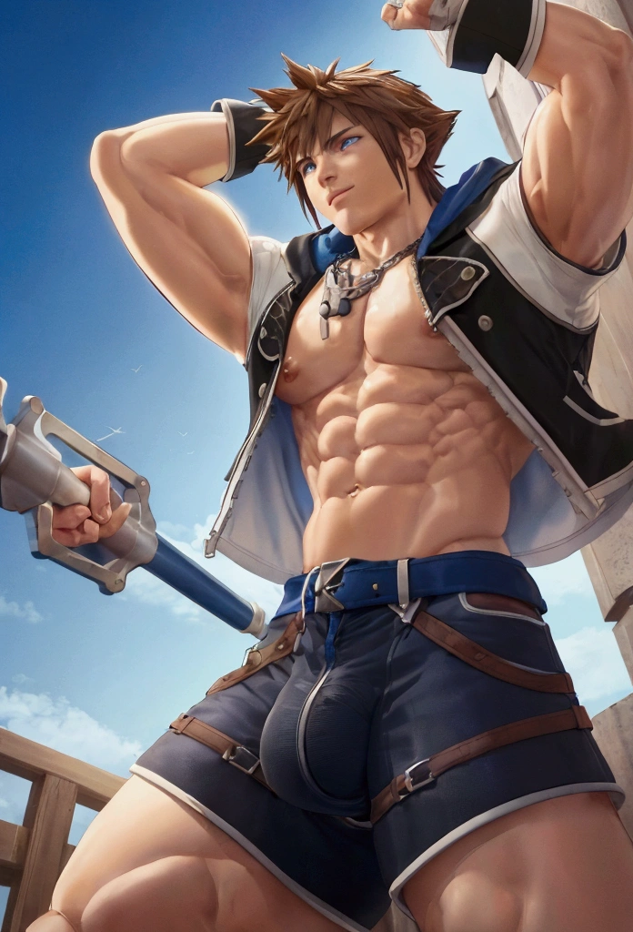 (masterpiece, Highest quality:1.2), Cowboy Shot, alone, Men's Center, One boy, sky \(Kingdom hearts\),Muscular body, Hall々A muscular body, Hall々A clean-cut appearance, Muscular arms, Muscular legs, only a main part, Trapezoidal fuselage, Rugged body, Muscular body, Round and fleshy pectoral muscles, Defined Abs, Defined Weapons, defined legs, Flex your muscles and laugh, View your viewers, Arms crossed, Hooded jacket, Huge popping out of shorts