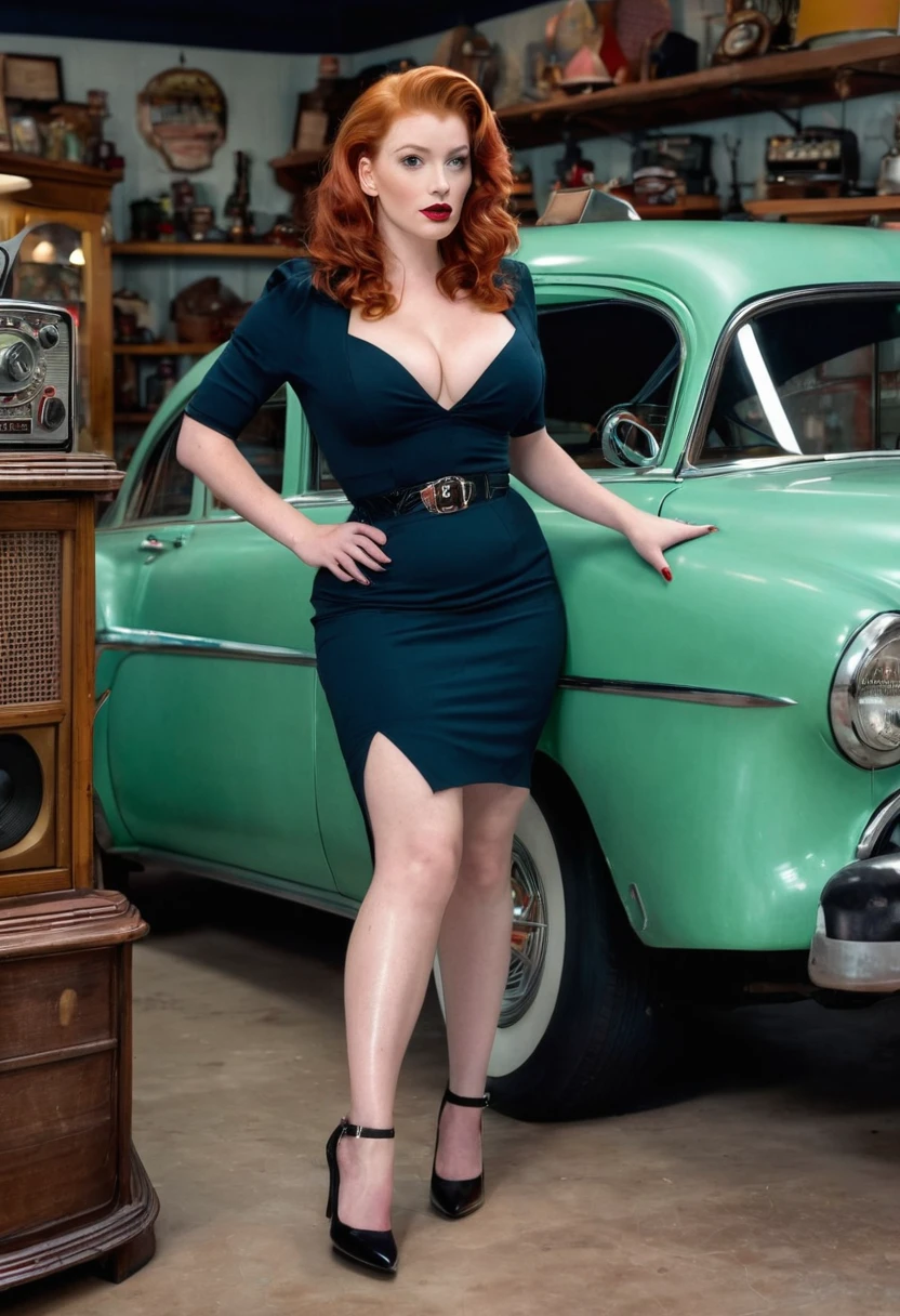 Full body shot of a beautiful redhead with a curvy body and full medium natural breasts. Louise Robey from Friday the 13th:The Series. Wearing high heel shoes. Standing in Curious Goods antique shop holding a cursed antique 1954 Chevy car radio