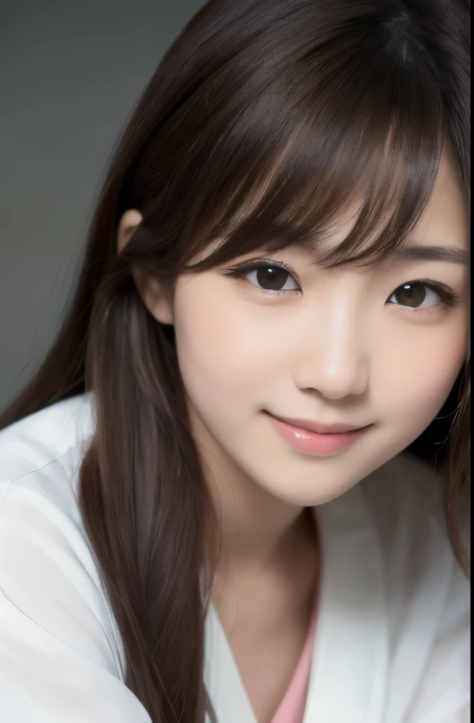 best quality, face focus, soft light, ultra high res, (photorealistic:1.4), RAW photo,(Shinozaki Ai), white skin, kawaii,
1 Japanese girl, solo, cute, (smile), (pupil, lights in the eyes),  detailed beautiful face, Medium-sized breasts,(high resolution detail of human skin texture),(long hair),(portrait), upper body, white traditional kimono, no make