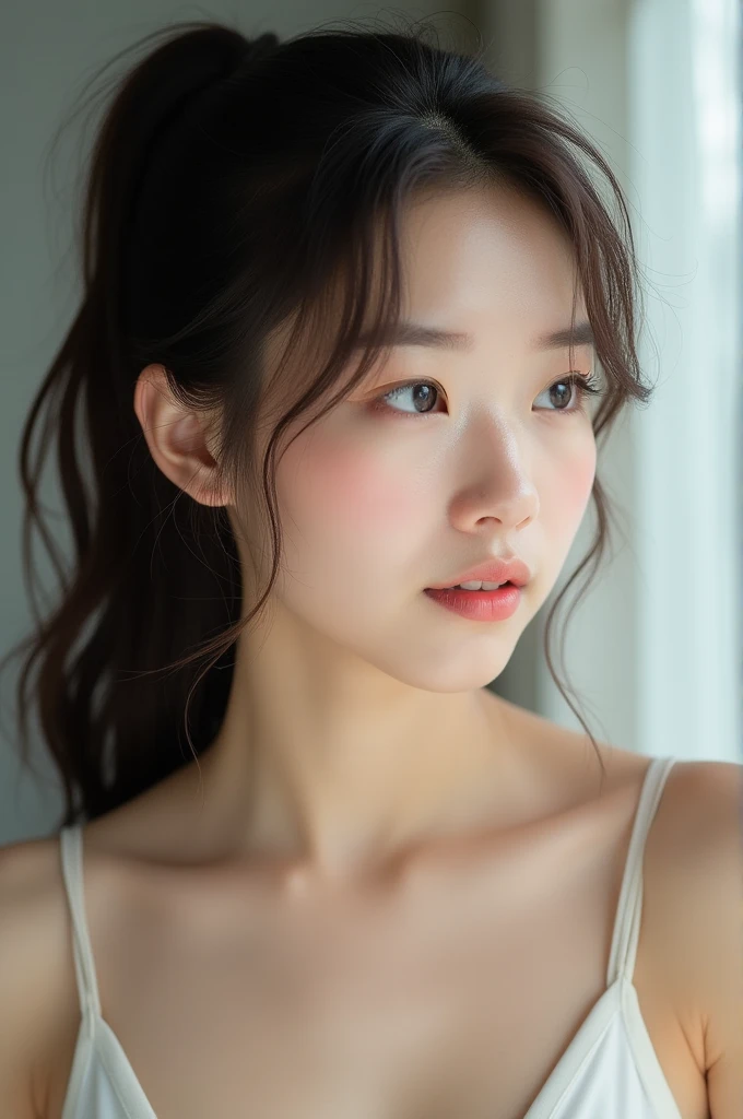 I want an image of a 23-year-old Asian woman with a ponytail, beautiful face, small chest, and double eyelids.